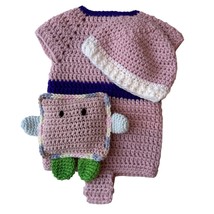 Crocheted Baby Jumper Hat Stuffed Toy Pink Grannycore Shower Gift Handmade - £21.34 GBP