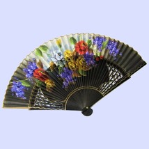 Black Lacquer Cut-Out Hand Folding Fan-Roses and Violets. - £132.46 GBP