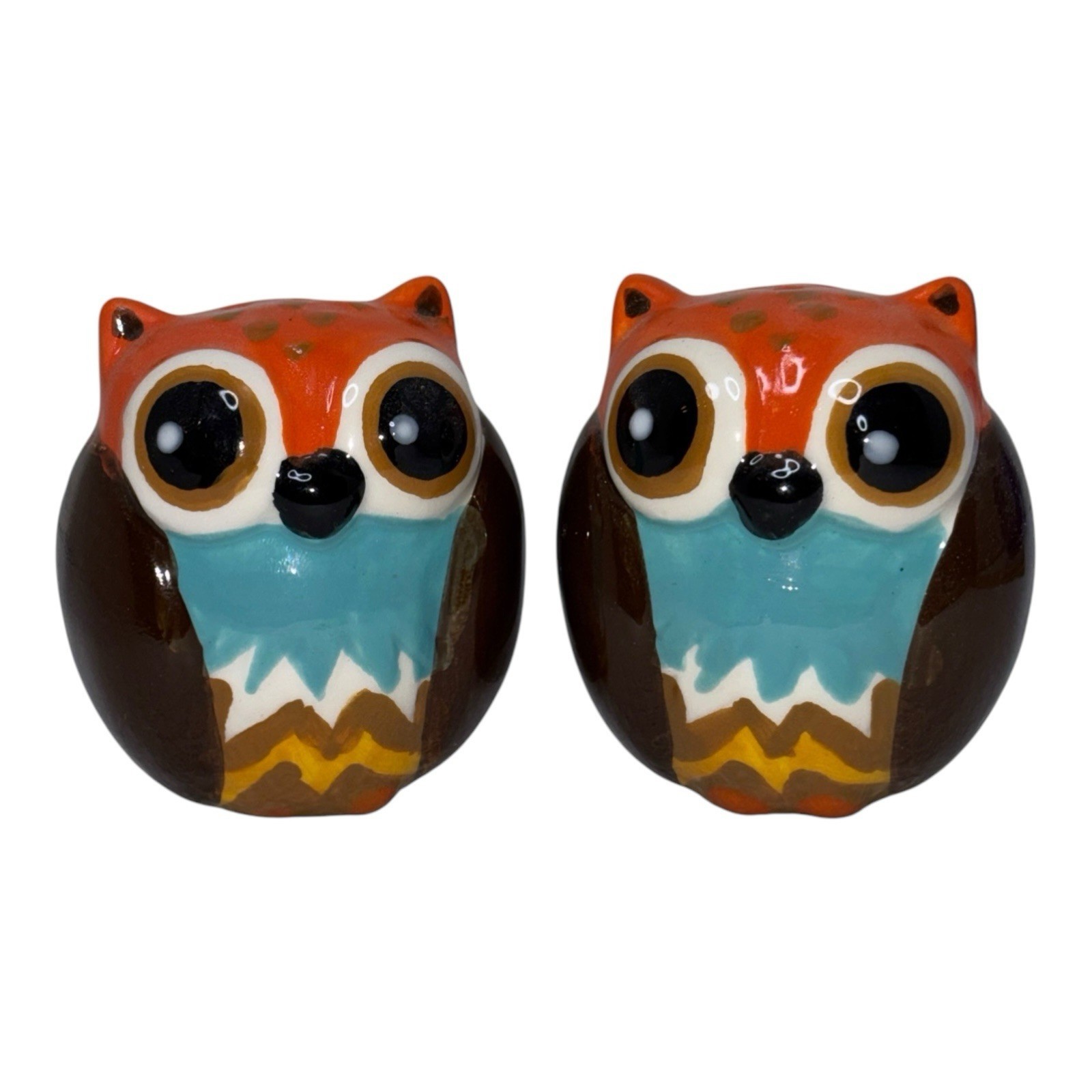 Vintage Mainstays Owl Salt And Pepper Shakers Brown Orange Blue Owl Chip... - $7.70