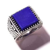 Blue Onyx Flat Square Gemstone 925 Silver Overlay Handmade Engraving Ring US-7 - £13.54 GBP