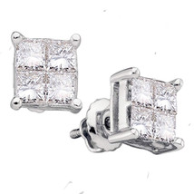 14k White Gold Womens Princess Diamond Square Cluster Stud Earrings 1/4 Cttw - £274.53 GBP