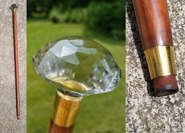 vintage glass knob cane wood &amp; brass strong ESTATE SALE 36&quot; - $64.99