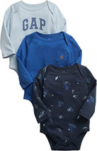 NEW Gap Baby Bodysuits Set of 3 blue logo, space &amp; bear designs sz 0-3 o... - $14.95