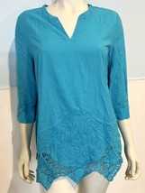 Chico&#39;s Blue 3/4 Sleeve V Neck Tunic Lace Hem Sz 1,  Fits Size M - £16.39 GBP