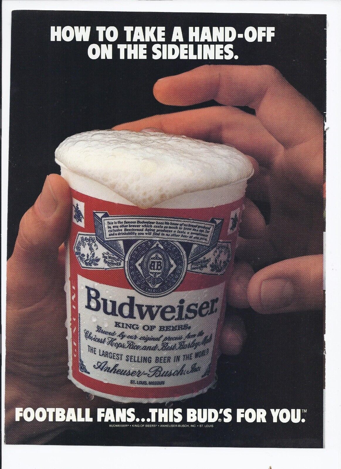 1985 Budweiser Beer Print Ad Hand Off Football Fan Vintage 8.5" x 11" - $19.31
