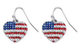 Red White Blue Crystal American Flag Drop Earrings In Silvertone - £55.93 GBP