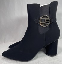 Elegant Black Ankle Boots 9.5M with Gold Logo Pointed Toe Suede Spool He... - $644.94 MXN