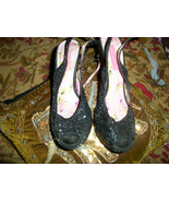 BETSEY JOHNSON Sharp Jet Black Sequence+Lace Peep Toe Heels Size 6 1/2 M - £17.13 GBP