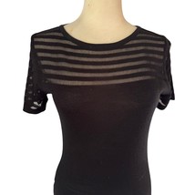 Cache Black Top Alternating Peek A Boo Sheer Stripe Shoulders Sleeves St... - $23.00