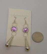 Ladies Womens Earrings Drop Dangle Silver Tones Purple Rhinestones Hook Fastener - £4.78 GBP