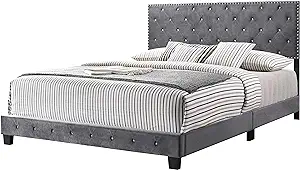 Glory Furniture Suffolk Velvet Upholstered King Bed in Gray - £374.90 GBP
