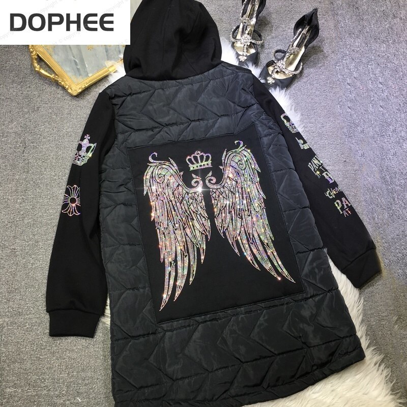 Primary image for Back Wings Hot Drilling Female Cotton-padded Coat 2022 New Winter Black Hooded W