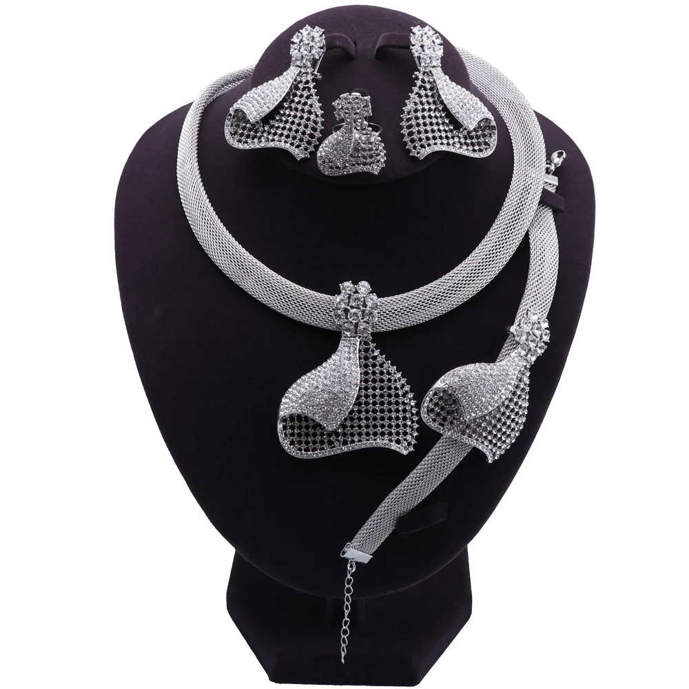 Luxury Big 4pcs Jewelry Set Silver Plated Necklace Earrings for Women Bridal Par - £38.92 GBP