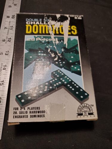 Dominoes Double Six Challenge Dominoes in Original Box 28 Black White Wood Tiles - $5.70