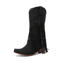 Pink Tassels Fringe Mid-Calf Western Cowboy Boots For Women Vintage Retro Point  - £53.28 GBP