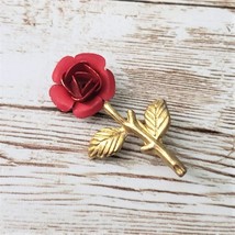 Vintage Brooch / Pin Red Rose with Gold Tone Stem - £10.41 GBP