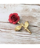 Vintage Brooch / Pin Red Rose with Gold Tone Stem - £10.17 GBP
