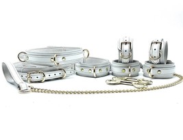 White Leather 8pcs Vienna Bondage Set with Gold Stitching &amp; Gold Hardware, BDSM - £375.69 GBP