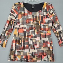 Alfani Women Shirt Size L Black Tan Petite Fall Autumn Preppy Print Ruffle Top - £8.43 GBP