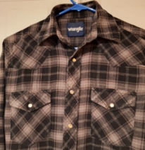 Mens Wrangler Pearl Snap Flannel Shirt Black Gray Plaid Long Sleeve Sz S - £14.06 GBP