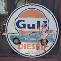 1965 Vintage Gulf Diesel Oil ''Peugeot 404'' Porcelain Enamel SignAMERICANA A... - $148.45