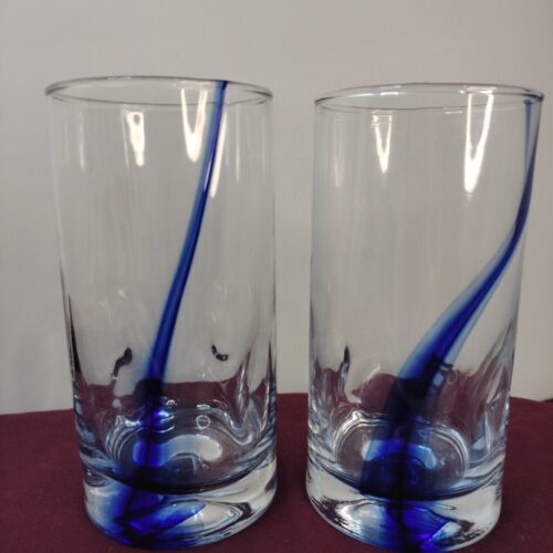 Blue Swirl Tumbler Glasses W/Indent Bottom Easy To Hold 16oz New - $17.39