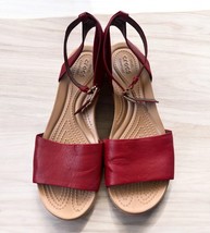 Crocs Leigh Ann Leather Mini Wedge Red Sandals Size 8 Ankle Strap Heels ... - $34.47