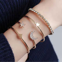 Fashion 4pcs/set Stars Moon Bracelets for Women Charming Lady Crystal Gold Brace - £11.34 GBP