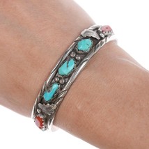 6.5&quot; Vintage Lasiloo Zuni Sterling Carved Coral and Turquoise cuff bracelet - £152.41 GBP