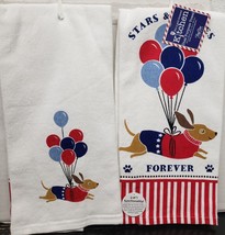 Set Of 2 Same Cotton Kitchen Towels (16&quot;x26&quot;) Patriotic Usa,Dog &amp; Ballons, Kdd - £11.82 GBP