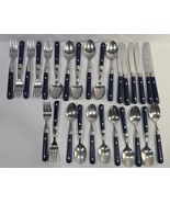 28 Vintage Stainless Steel Blue Plastic Handles Flatware Silverware Made... - $358.07 MXN