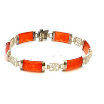 Vtg Signed Sterling Red Jade Chinese Character Panel Link Charm Bracelet 7 1/2 - £50.31 GBP