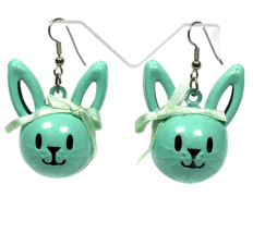 Vintage Blue Dangle Earrings Easter Bunny Metal Ball Jingle Bells - $22.00