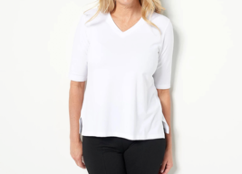 Attitudes by Renee Washed Cotton V-Neck Elbow Sleeve Top - White, XL - £19.93 GBP