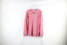 Vintage 90s Streetwear Mens Large Scottish Wool Knit Argyle Diamond Sweater Pink - £39.52 GBP