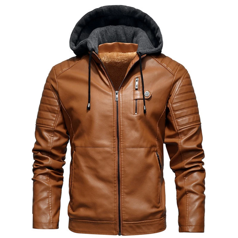 Men&#39;s Fleece Liner PU Leather Jackets Coats with Hood Autumn Winter Casual Motor - £185.30 GBP