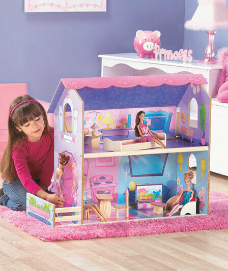 Girl's Dream Gift 2-Story Wooden Dollhouse with 10-Pc Furniture Set - £11.00 GBP