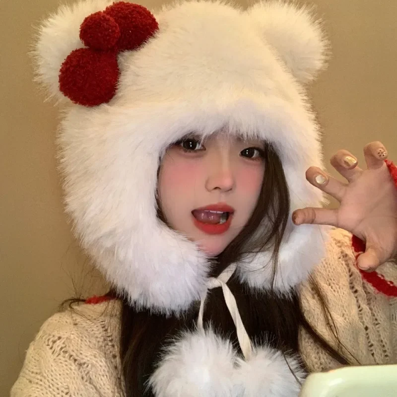 Nrio three dimensional bow hello kitty plush hat cute girl heart winter plush keep warm thumb200