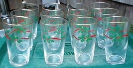 ~ Lot Of 12 Holly Berry &amp; Ribbons Christmas Drinking Glasses W/Gold Rims 10 OZ ~ - £21.97 GBP