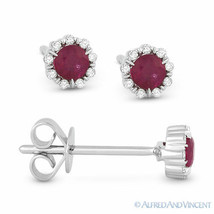 0.36 ct Round Cut Red Ruby &amp; Diamond Pave Baby Stud Earrings in 14k White Gold - £212.58 GBP