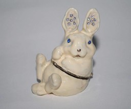 Vintage Enameled Ivory Bunny Rabbit Trinket Box with Rhinestones  #1756 - £15.98 GBP