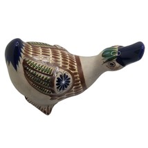 Vintage Tonala Mexican Pottery Signed Mateos Decorative Goose Duck Brown Blue - £38.75 GBP