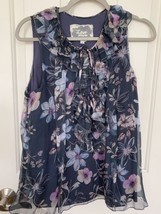 Love Johnny Was Silk Sleeveless Blouse Top Ruffle Tie Front Size S Blue Floral - £60.13 GBP