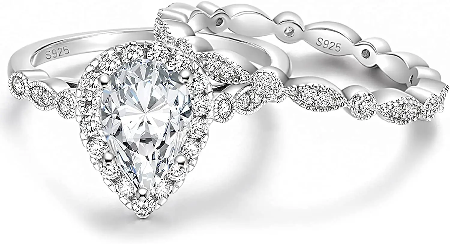 1.5CT 925 Sterling Silver Bridal Ring Sets Wedding Teardrop Engagement Rings Vin - £28.98 GBP