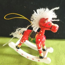 Red Wooden Rocking Horse Ornament White Yarn Mane &amp;Tail Taiwan Paint Missing - £3.12 GBP
