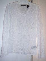 LIZ CLAIBORNE V-NECK SWEATER Top Hand Knit Lace Look White Women&#39;s Size S - £18.69 GBP