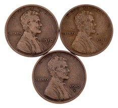 Lot of 3 Lincoln Wheat Cents (1910, 1911, 1913)-S in Fine to Very fine Condition - £58.71 GBP
