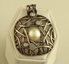 Vintage sterling silver pearl cubic zirconia filigree open work pendant - £35.03 GBP