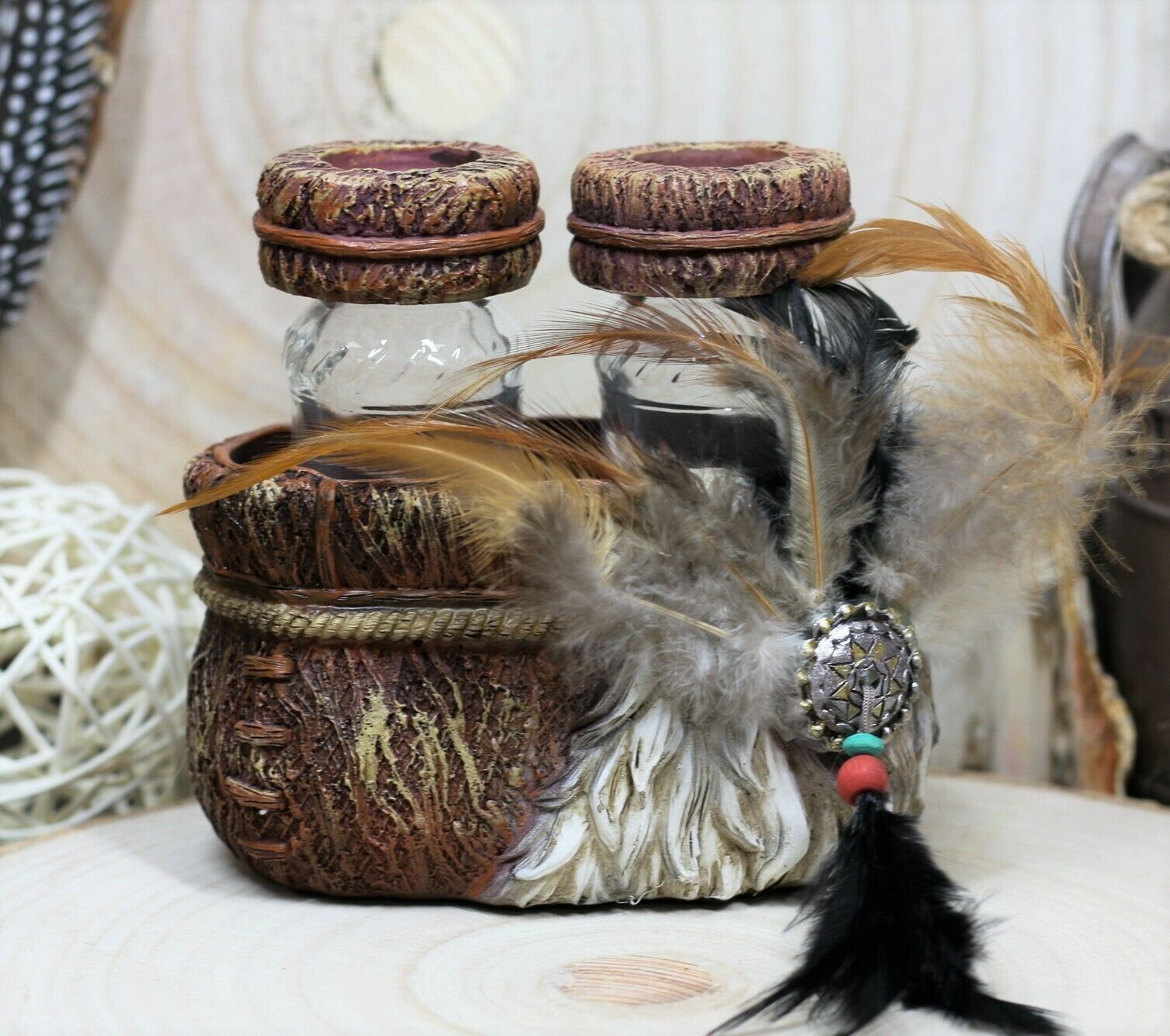 Primary image for Southwestern Indian Dreamcatcher Feather Salt And Pepper Shakers Holder Set