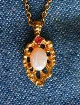 Elegant Opal &amp; Ruby Gold-tone Filligree Pendant Necklace  1970s vint. 18&quot; x 3/4&quot; - £11.92 GBP
